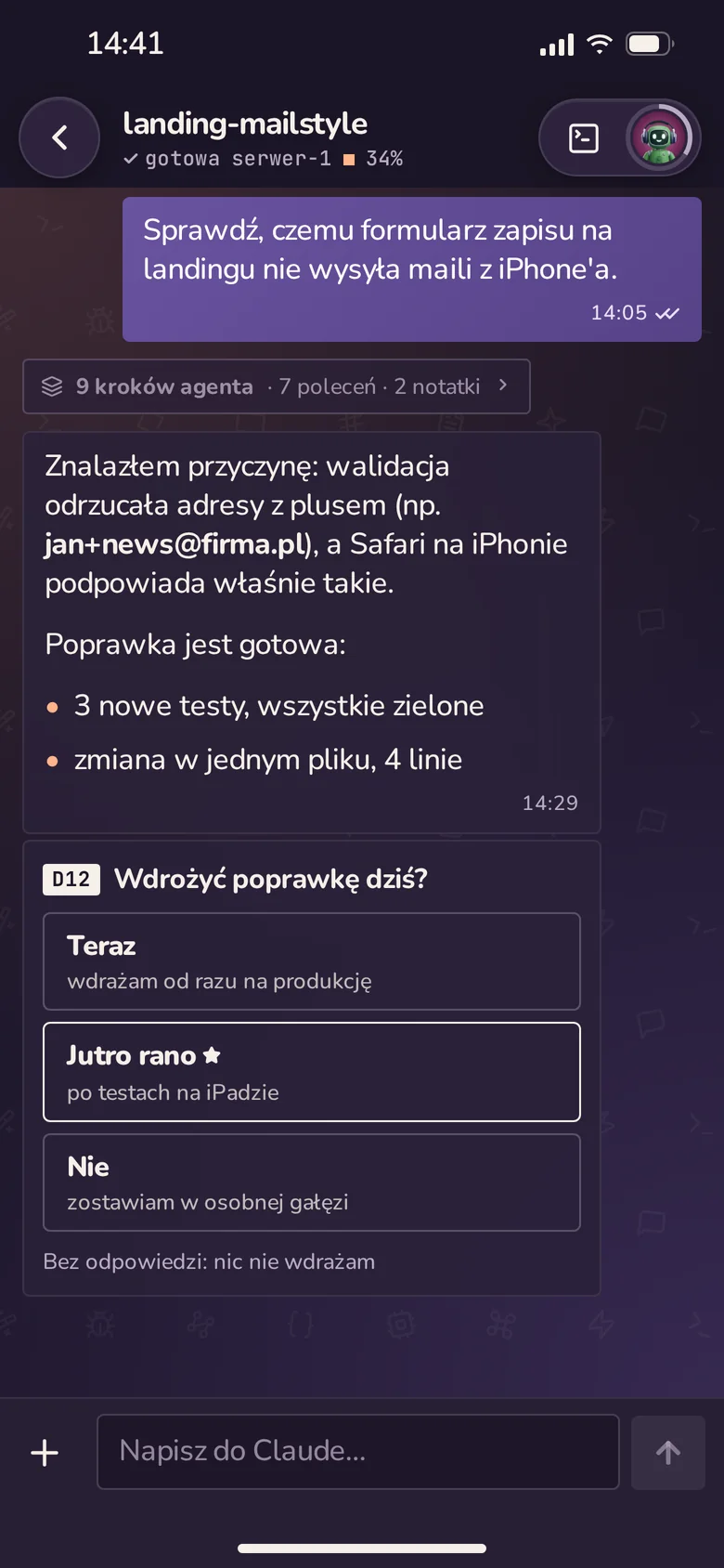 Makieta AgentStyle w ciemnym motywie Zmierzch: pytanie agenta z przyciskami