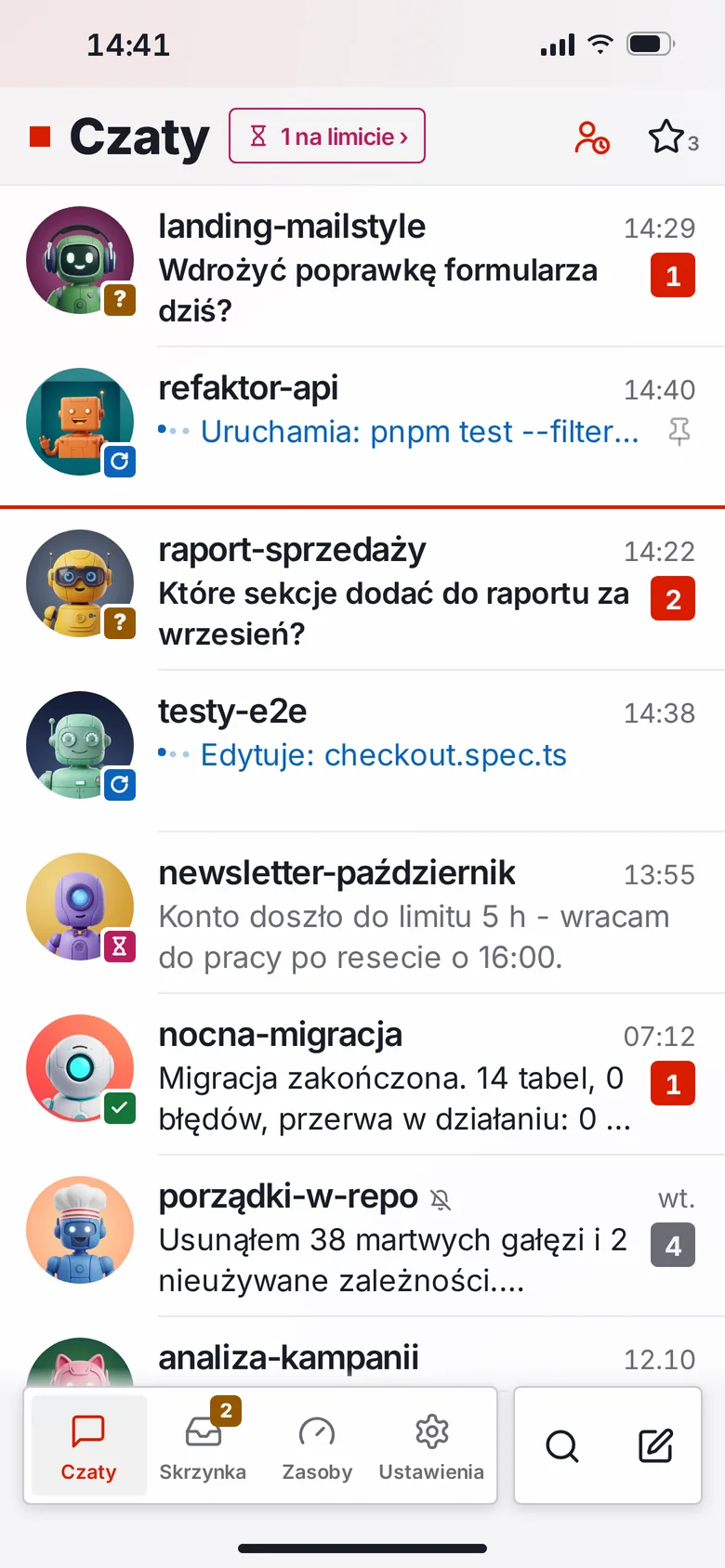 Makieta ekranu AgentStyle: lista sesji agentów z podglądem ostatniej wiadomości, licznikami nieprzeczytanych i przypiętymi sesjami
