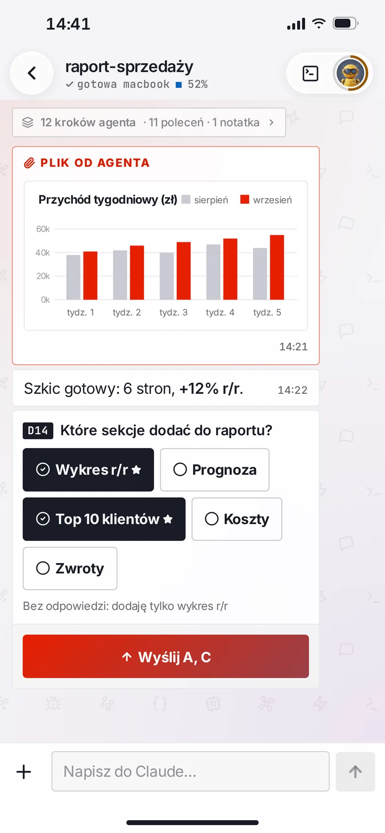 Makieta AgentStyle: wykres przesłany przez agenta i pytanie wielokrotnego wyboru z przyciskiem Wyślij A, C