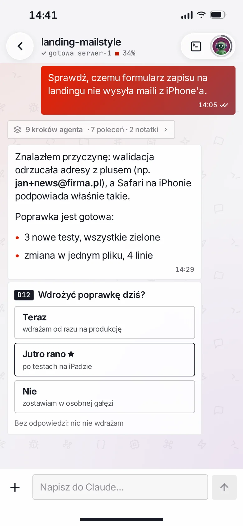 Makieta ekranu AgentStyle: agent opisuje poprawkę i pyta, czy wdrożyć ją dziś, z odpowiedziami jako przyciskami i rekomendacją oznaczoną gwiazdką