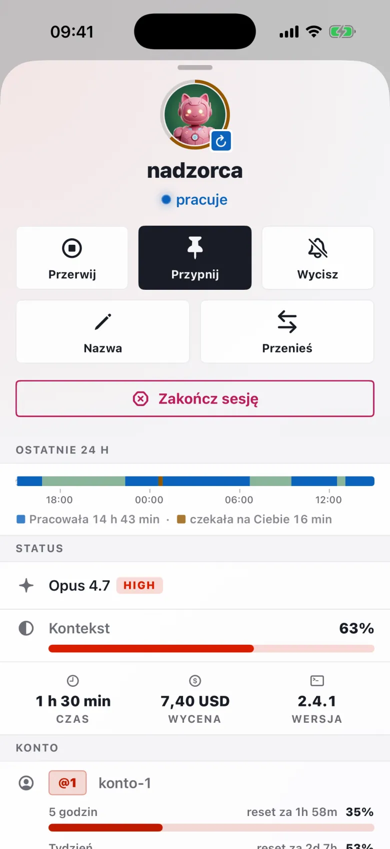 Zrzut ekranu AgentStyle z przykładowymi danymi: karta sesji nadzorca, awatar agenta otoczony pierścieniem zajętego kontekstu, pasek aktywności z ostatniej doby i kontekst zajęty w 63%