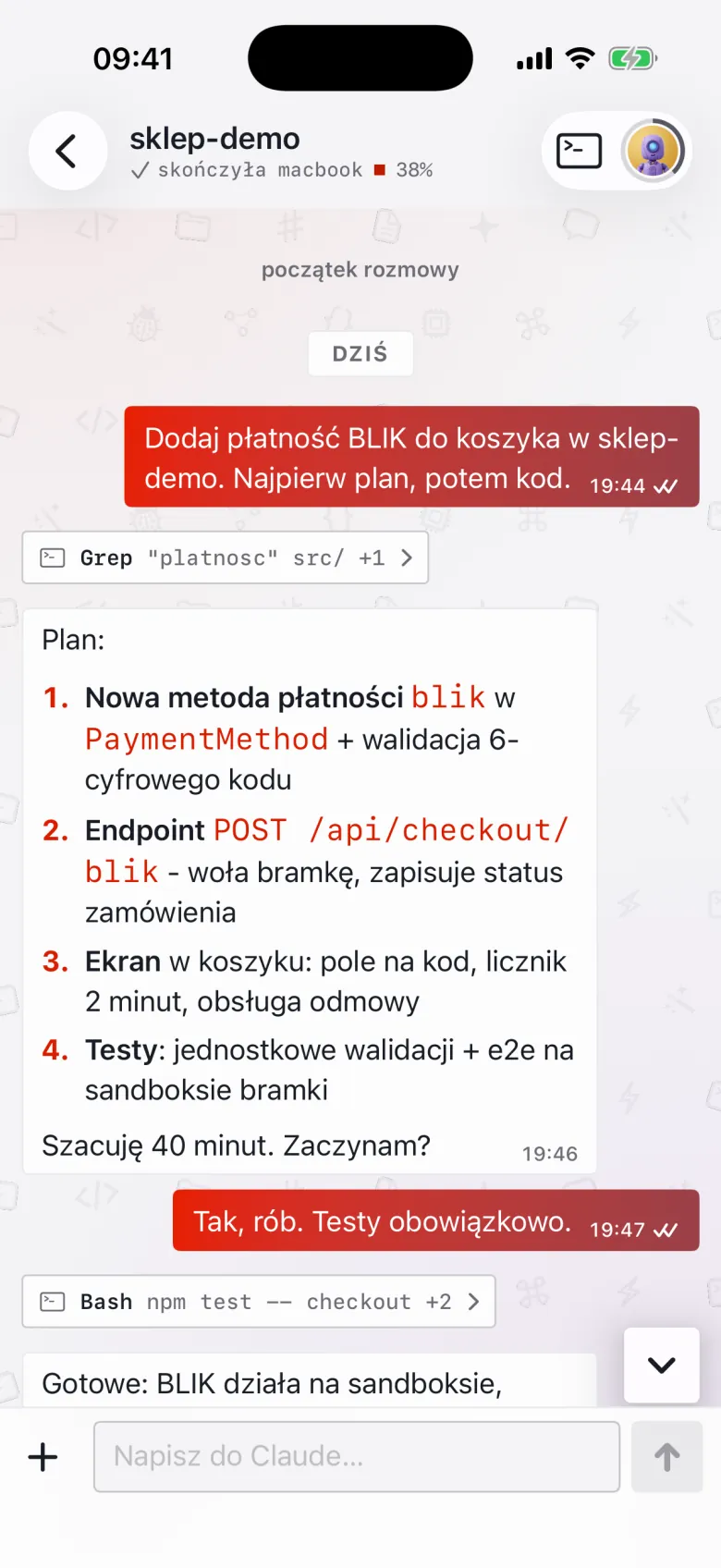 Zrzut ekranu AgentStyle z przykładowymi danymi: czat z agentem, polecenie z potwierdzeniem doręczenia, zwinięte wywołania narzędzi i plan pracy w punktach