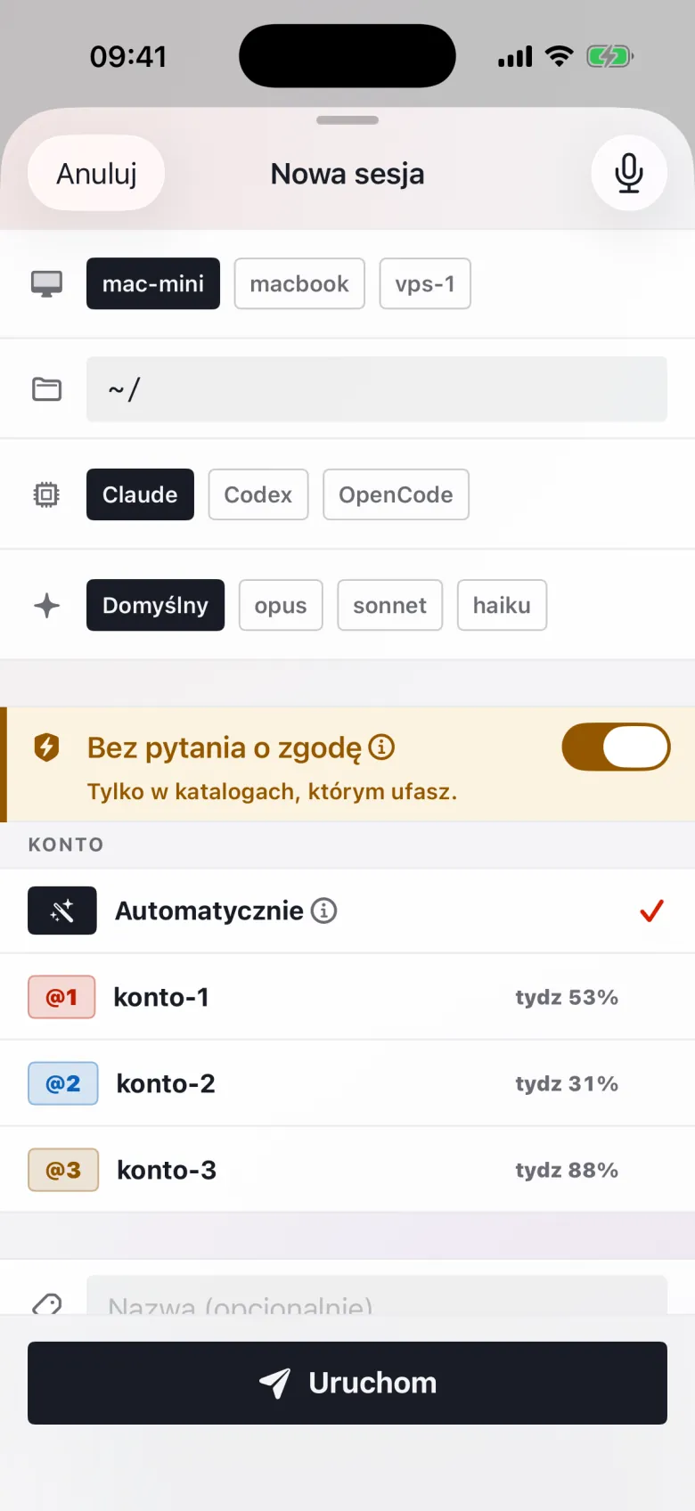Zrzut ekranu AgentStyle z przykładowymi danymi: arkusz Nowa sesja z wyborem komputera, katalogu, agenta Claude, Codex albo OpenCode, modelu, trybem bez pytania o zgodę i automatycznym wyborem konta